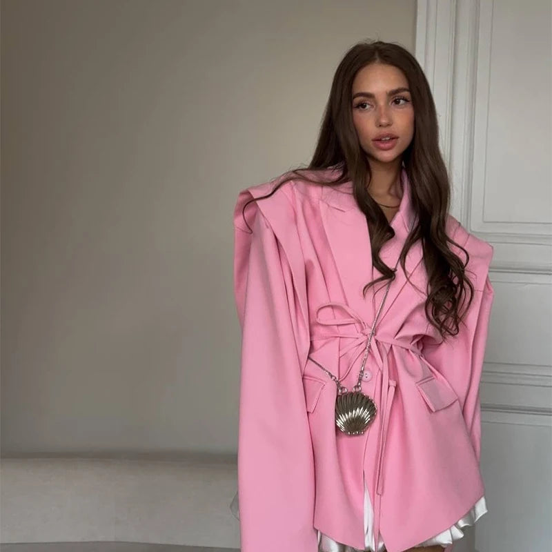 Floral Printed Blazer Jacket Women Fashion Lapel Long Sleeve Lace Up Waist Coats Autumn Lady Shoulder Pads Outerwear Blazer