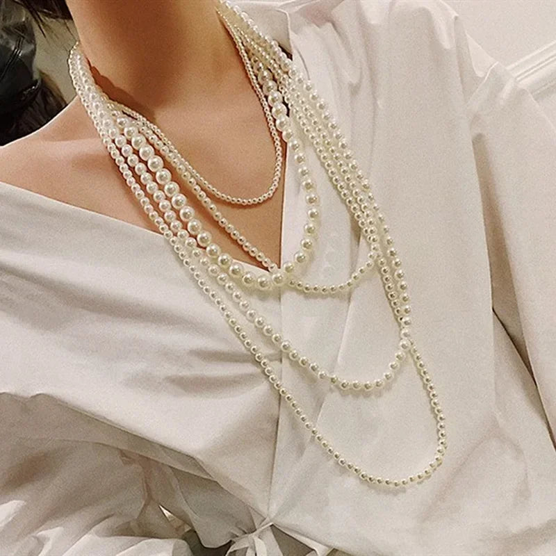 Colar comprido de pérolas multicamadas para mulher, elegante, acessório para vestido de noite, corrente para camisola