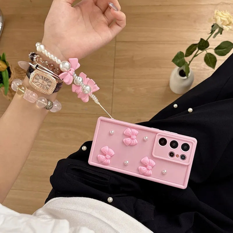 Bow Pearl Chain Rope Phone Case For OPPO A5X A5 Pro A60 4G 5G Reno 14 Pro 14F 8T 8Z 7Z 6Z 5Z 4Z 2Z Realme 14T 14 C71 Rope Cover