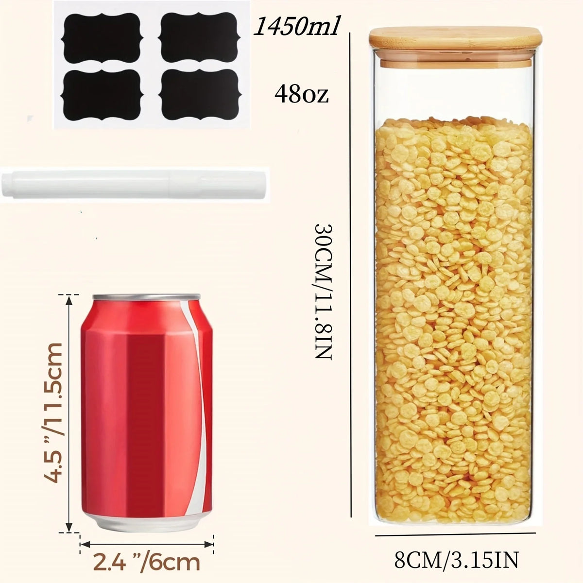 2/4 Pack-1450Ml Square Glass Jars, Glass Storage Containers with Lids, Wide-Mouth Pasta Jars, Kitchen Storage Jars, Storage for Pasta, Grains, Oats, Sugar, Cookies, Beans, Airtight Glass Jar Set, Kitchen Organization and Stor