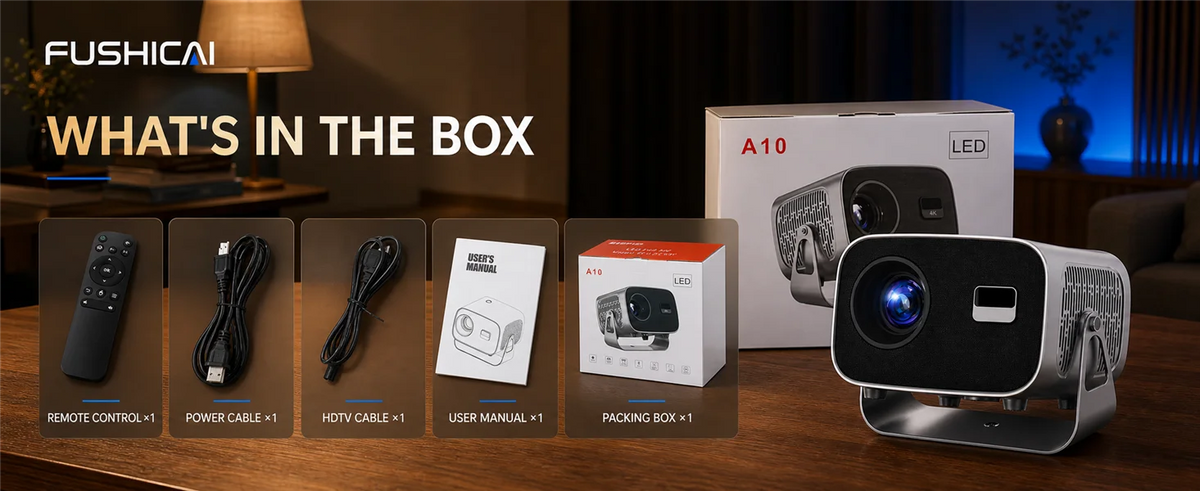 FUSHCAI Outdoor Projector A10 Portable Mini Projector with 360° Rotation 900 ANSI Native 720P 4K Compatible Auto Focus BT 5.4