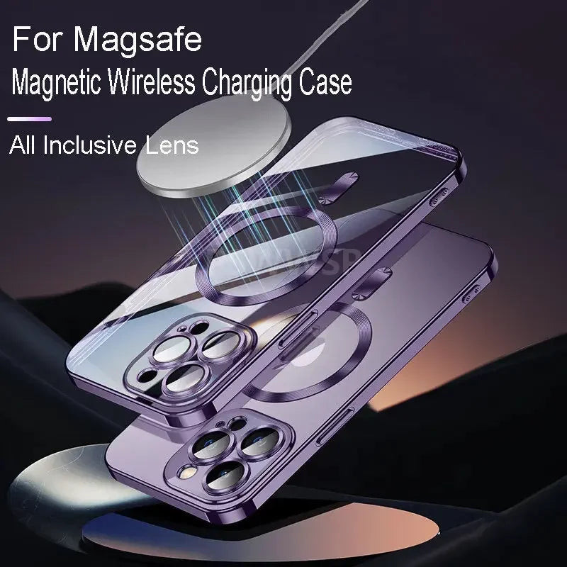 Luxury Plating For Magsafe Case For iPhone 16 15 14 13 12 11 Pro Max Wireless Charge Magnetic Cover With Camera Lens Protector