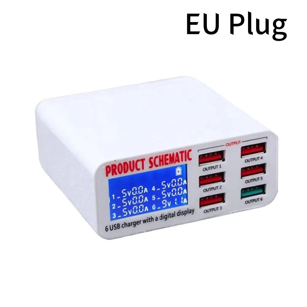6-Port USB Charger Hub Fast Charging Station with LED Display Screen for Smart Phones Multiport Charging Station