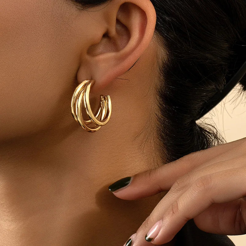 316L Stainless Steel Exaggerated Multilayer Stud Earrings For Women Fashion C Type Female Earrings Simple Girl Jewelry