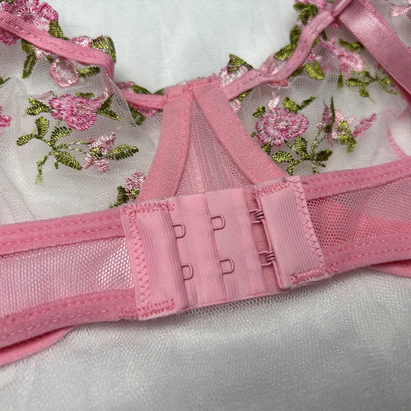 Sexy Underwear For Women Transparent Embroidered Small Flowers Bra Hot Lingerie Panties Intimates Woman Two Piece Set Clothing