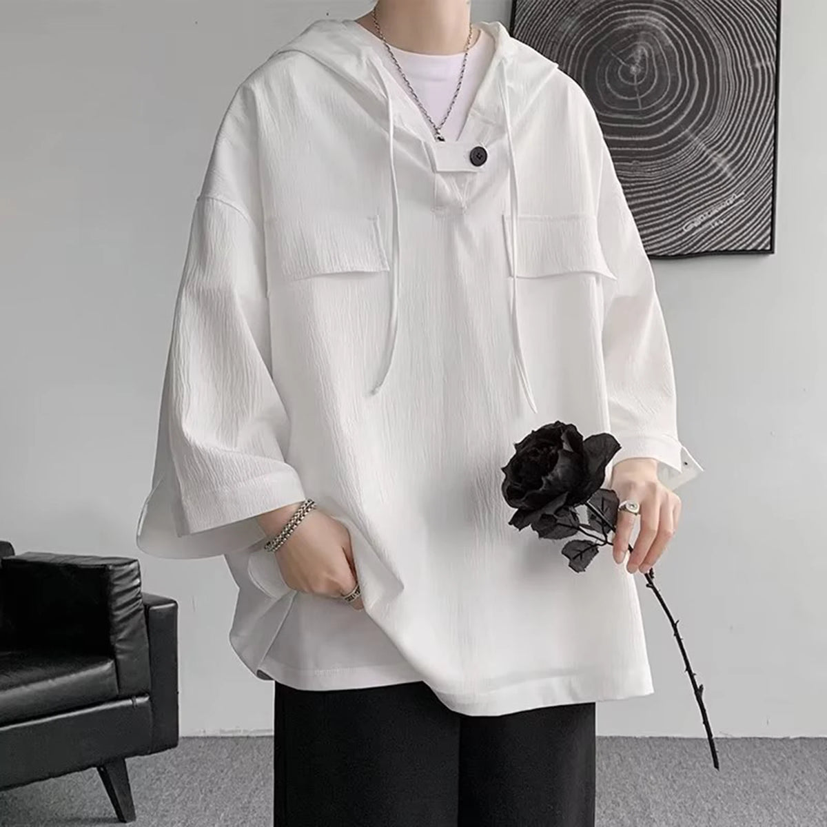 Summer Hooded T shirt Men Korean Half Sleeve Pullover Streetwear Loose T-shirt Tops Drawstring Men Clothing