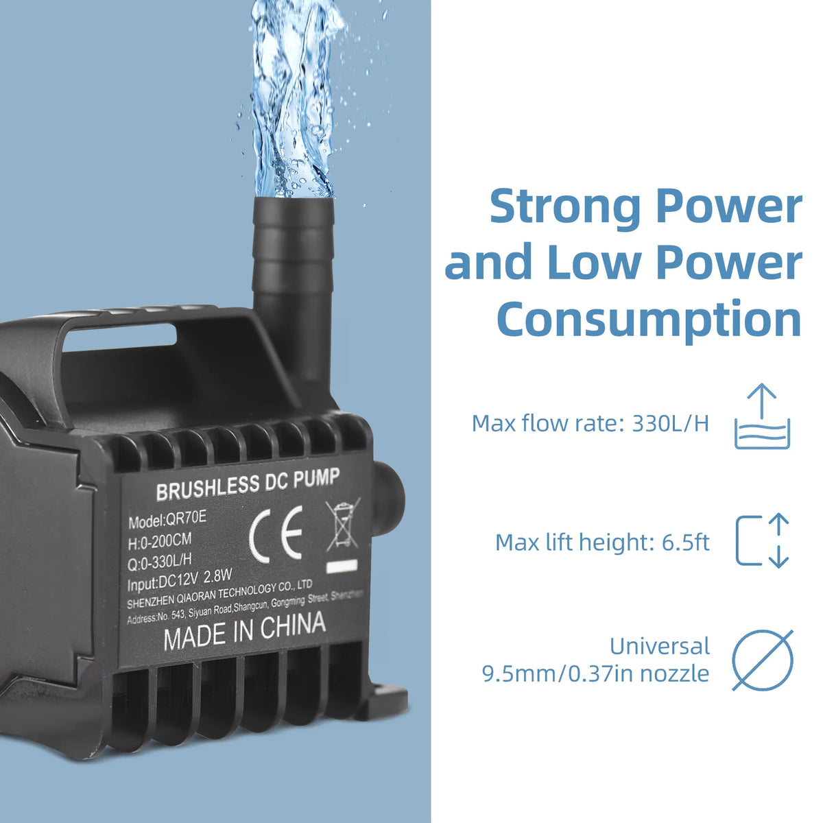 Submersible 12V Water Pump Electric 330L/H Small Fountain Pump with Max 6.5ft Lift, 1.6ft Wire and Suction Cup Base, Portable