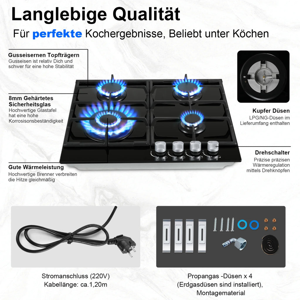 ‌58cm Gas Hob | 4 Burner Dual Fuel (NG/LPG) 8060W Auto Flame Shut-off & Tempered Glass Surface | Built-in/Freestanding 220-240V