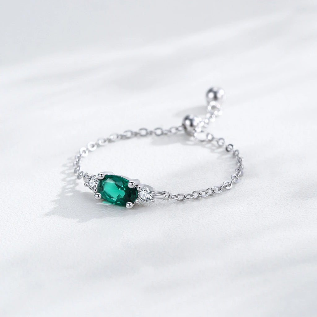 Ailmay Top Quality 925 Sterling Silver Trendy Green Oval  Adjustable Link Chain Rings For Women Fine Jewelry Gifts