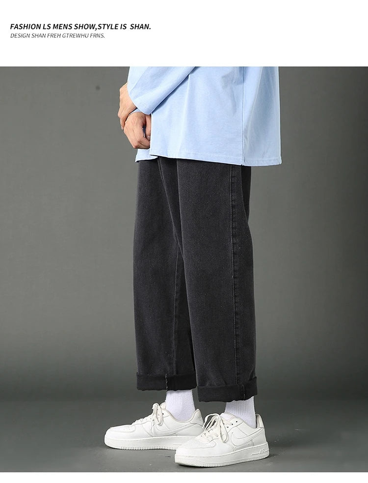 New Street Casual Baggy Jeans Men's Korean Fashion Hip Hop Straight Wide Leg  Trousers Couple Denim Pants Black Light Blue