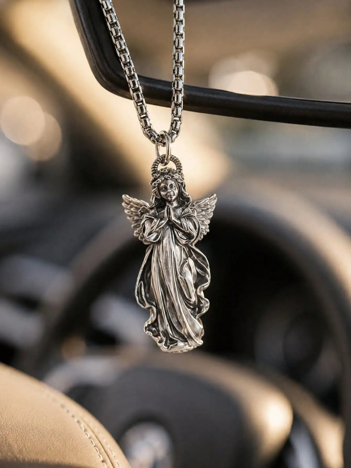 Angel Pendant Car Rearview Mirror Hanging Ornament, Silver-Tone Religious Guardian Angel Charm with Chain, Universal Fit for Aut