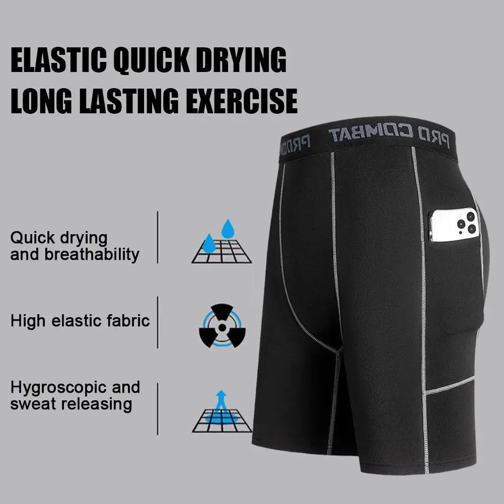 High Performance Men's Compression Shorts With Pocket - Quick Dry Breathable Stretchy Base Layer For Cycling Sports Gym