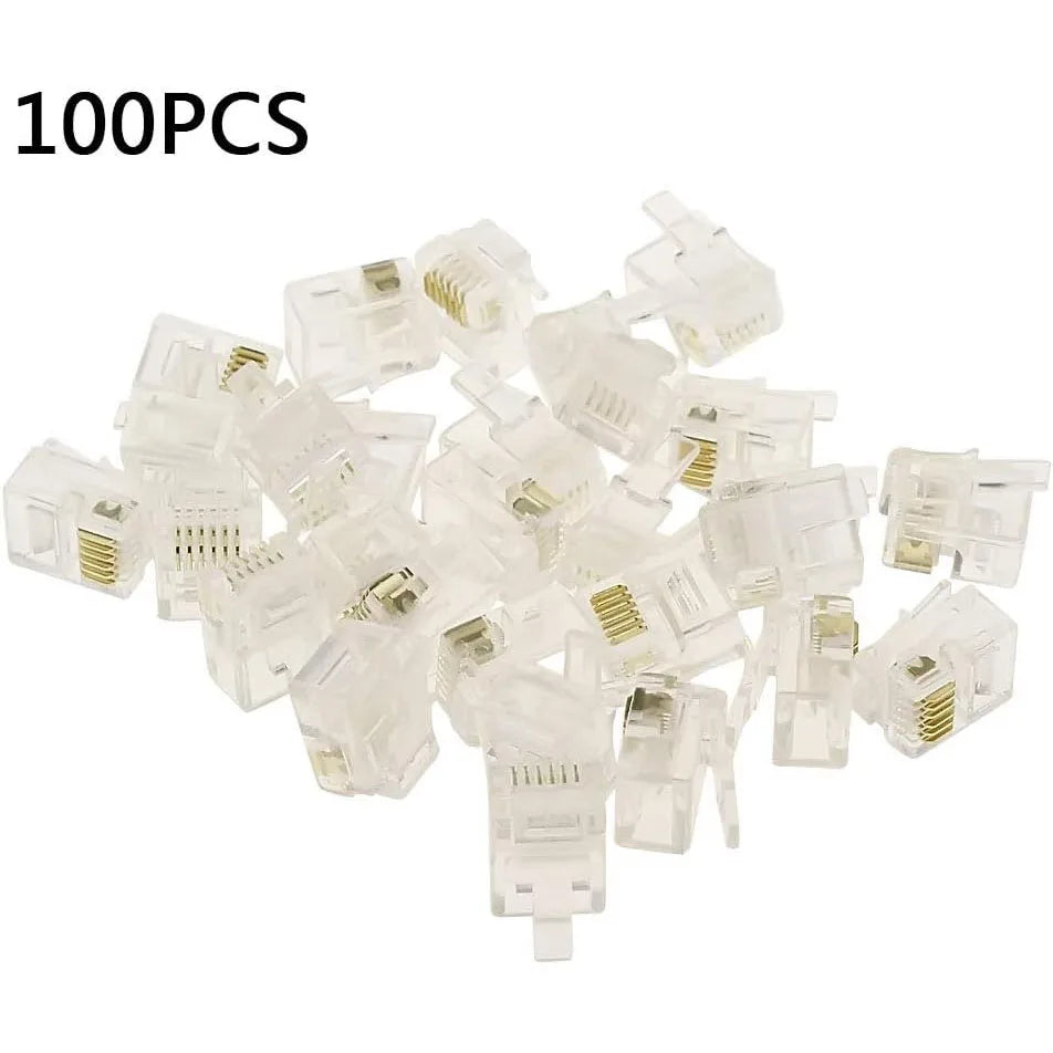 100Pcs 6P6C 4P4C RJ12 RJ9 Crystal Head Modular Plug Gold Plated Network Connector For Solid Phone Cables Connectors