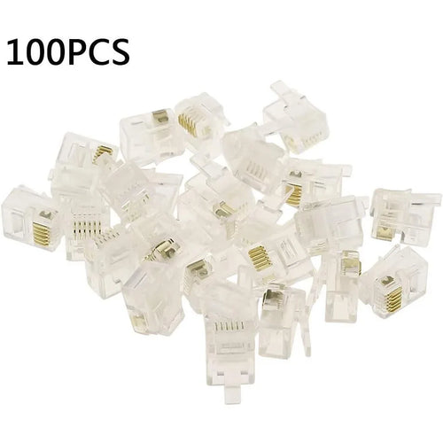 100Pcs 6P6C 4P4C RJ12 RJ9 Crystal Head Modular Plug Gold Plated Network Connector For Solid Phone Cables Connectors