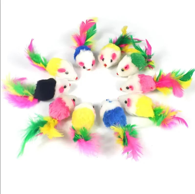 5Pcs 10Pcs Plush Pet Cat Toys Play Rabbit Fur False Mouse Feather Rainbow Mouse Toy  Funny Playing Toys for Kitten Indoor New