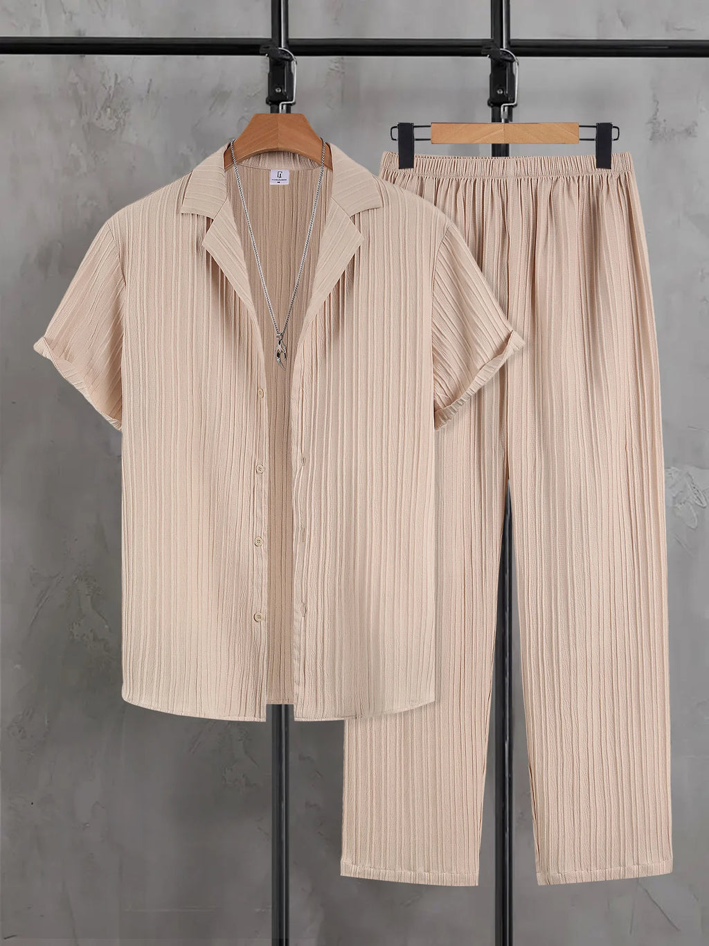 Men's Vertical Striped Texture Cuban Collar Two-Piece Set: Short-Sleeve Button-Up Shirt + Elastic Waist Straight-Leg Pants, Casual Vacation Style Summer Daily Outfit for Men