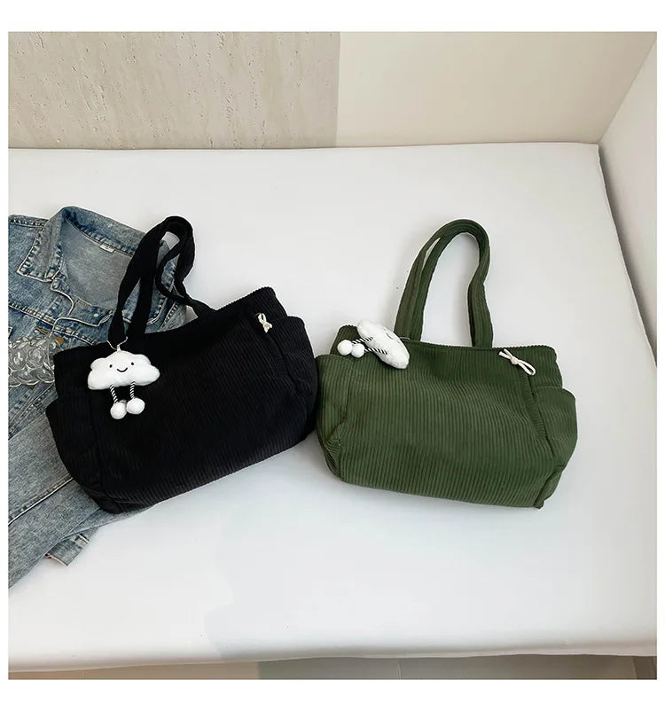 Corduroy Women Bag Fashionable Large Capacity Handbag Shoulder Bag Versatile Artistic Retro Student Class Bag with Zipper Pocket