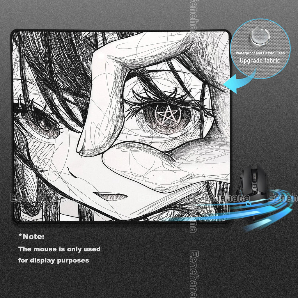 Red Eye Girl Art Black & White Line Gaming Mouse Pad Speed E-Sports Waterproof Kawaii 45x40 PC Gamer Accessories Office DeskMat