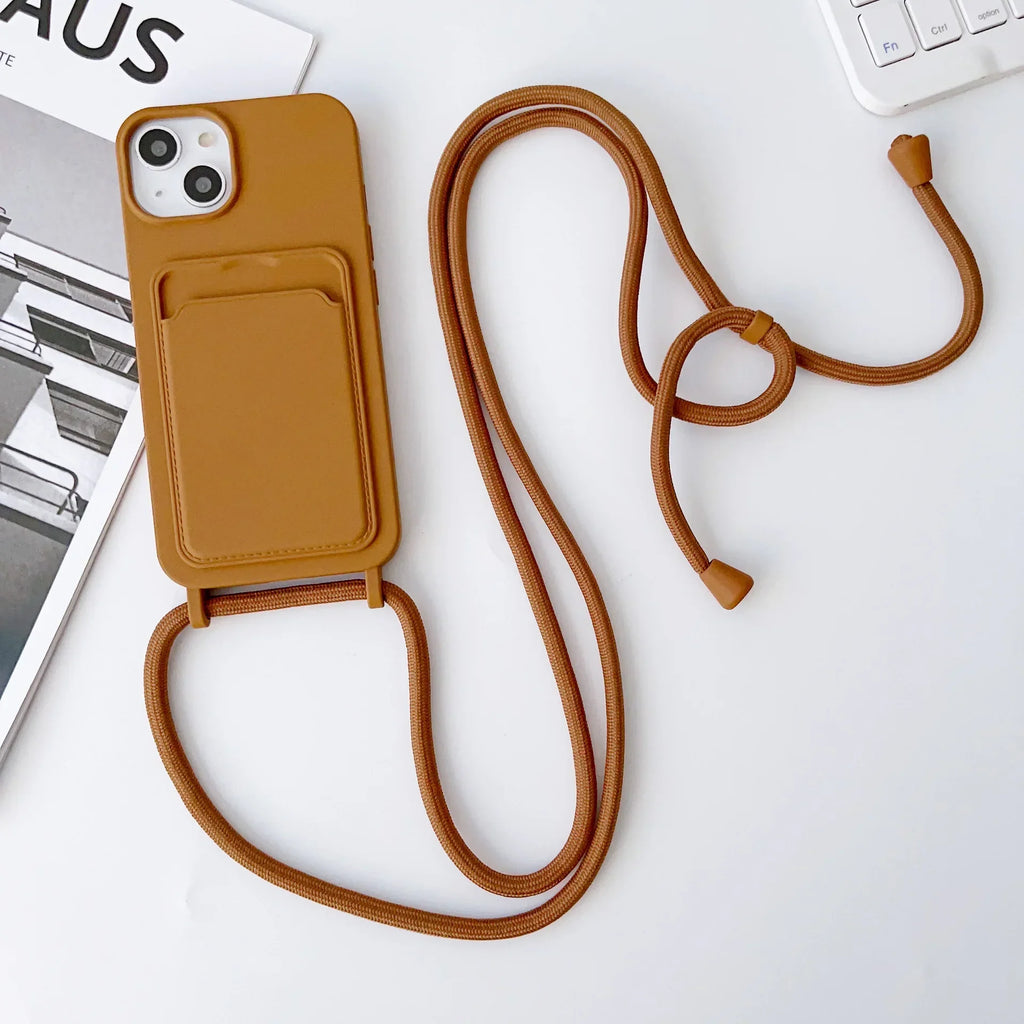 Crossboby Lanyard Rope Phone Case with Card Holder For iPhone 17 16 E 15 14 13 12 11 Pro Max Necklace Strap Soft Silicone Cover