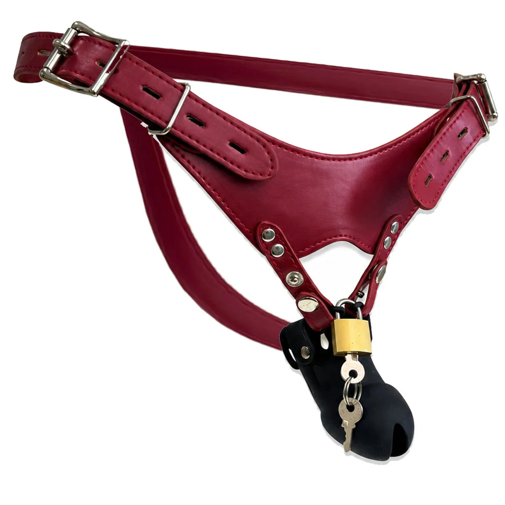 Leather Chastity Harness with Silicone Cage - Adjustable Male Chastity Belt Pants for Locked Play