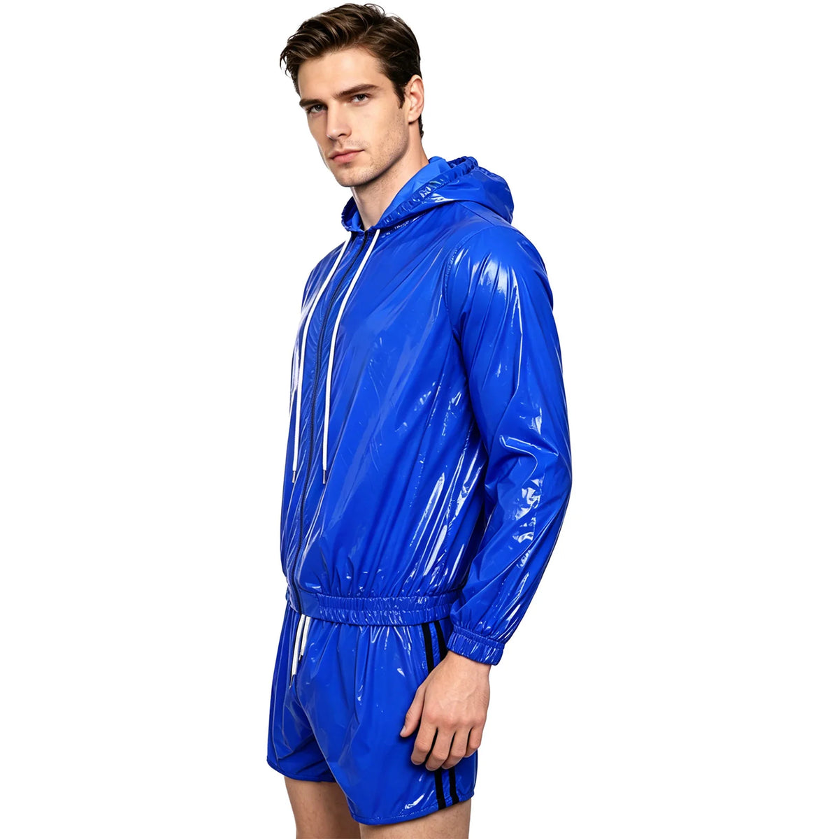 Mens 2 Pcs Waterproof Tracksuit Long Sleeve Front Zipper Hooded Jacket with Drawstring Elastic Waistband Shorts Gyms Sportwear