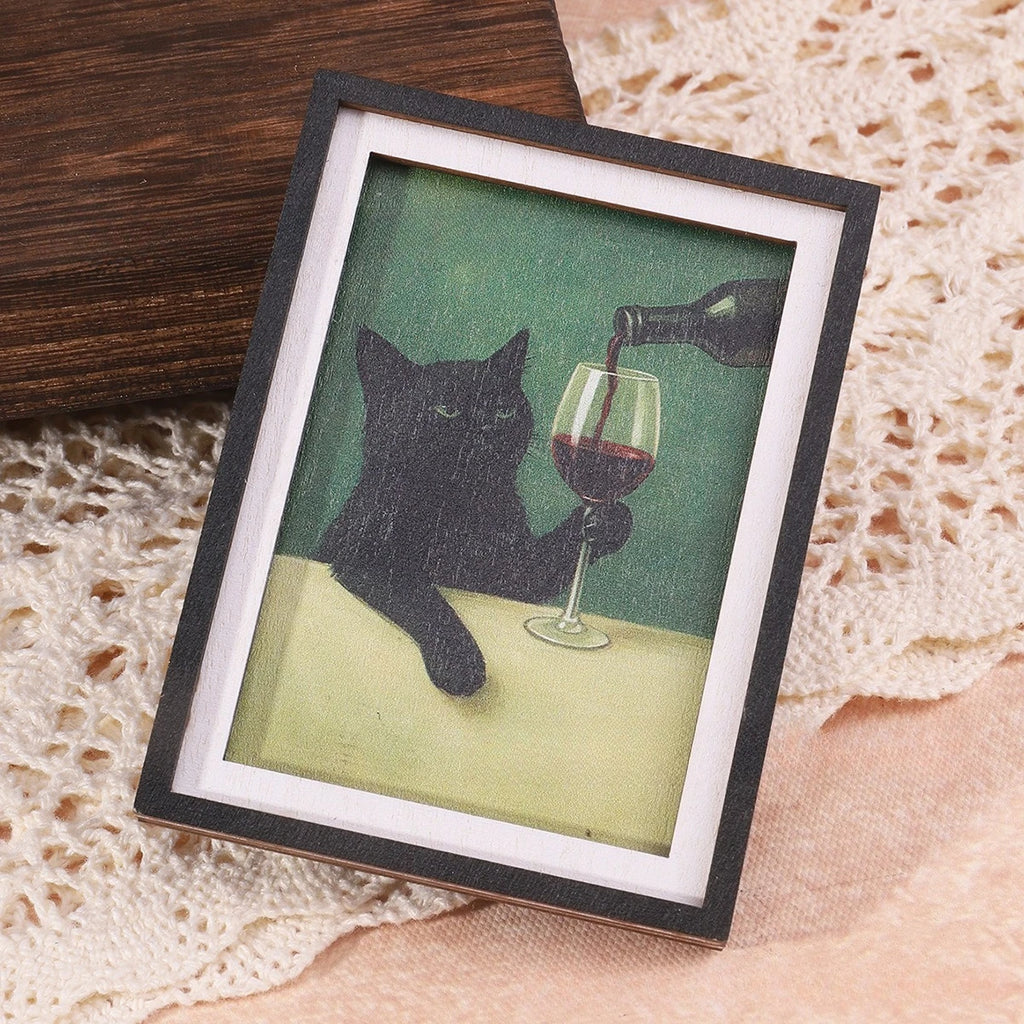 Black Cat Wine Fridge Magnet, Cute Mini Framed Art Refrigerator Magnet, Summer Home Decor Magnet for Kitchen, Fridge, Whiteboard