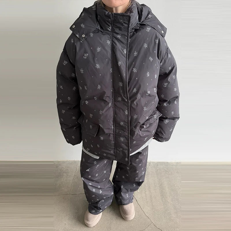Chic Striped Hooded Puffer Coat Set Women Quilted Full Sleeve Zip Jacket Wide Leg Pants 2026 New Lady Autumn Winter Warm Outfit