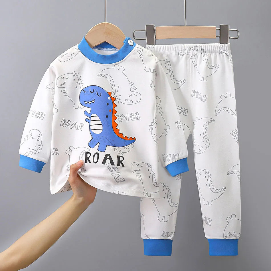 Spring Autumn Sleepwear Kids Comfort Cotton Pajamas Set Durable and Soft Unisex Cartoon Dinosaur for Boy Girl Children Clothes