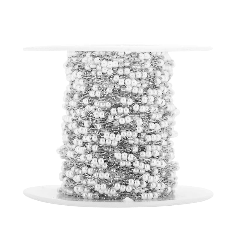 1meters Stainless Steel Necklace Chains Bulk 2mm Imitation Pearl Bead Link Chains Lot for Diy Bracelets Jewelry Making Supplies