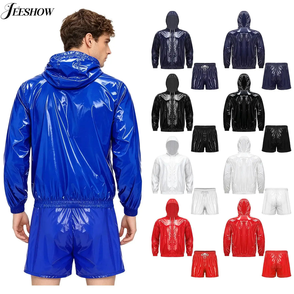 Mens 2 Pcs Waterproof Tracksuit Long Sleeve Front Zipper Hooded Jacket with Drawstring Elastic Waistband Shorts Gyms Sportwear