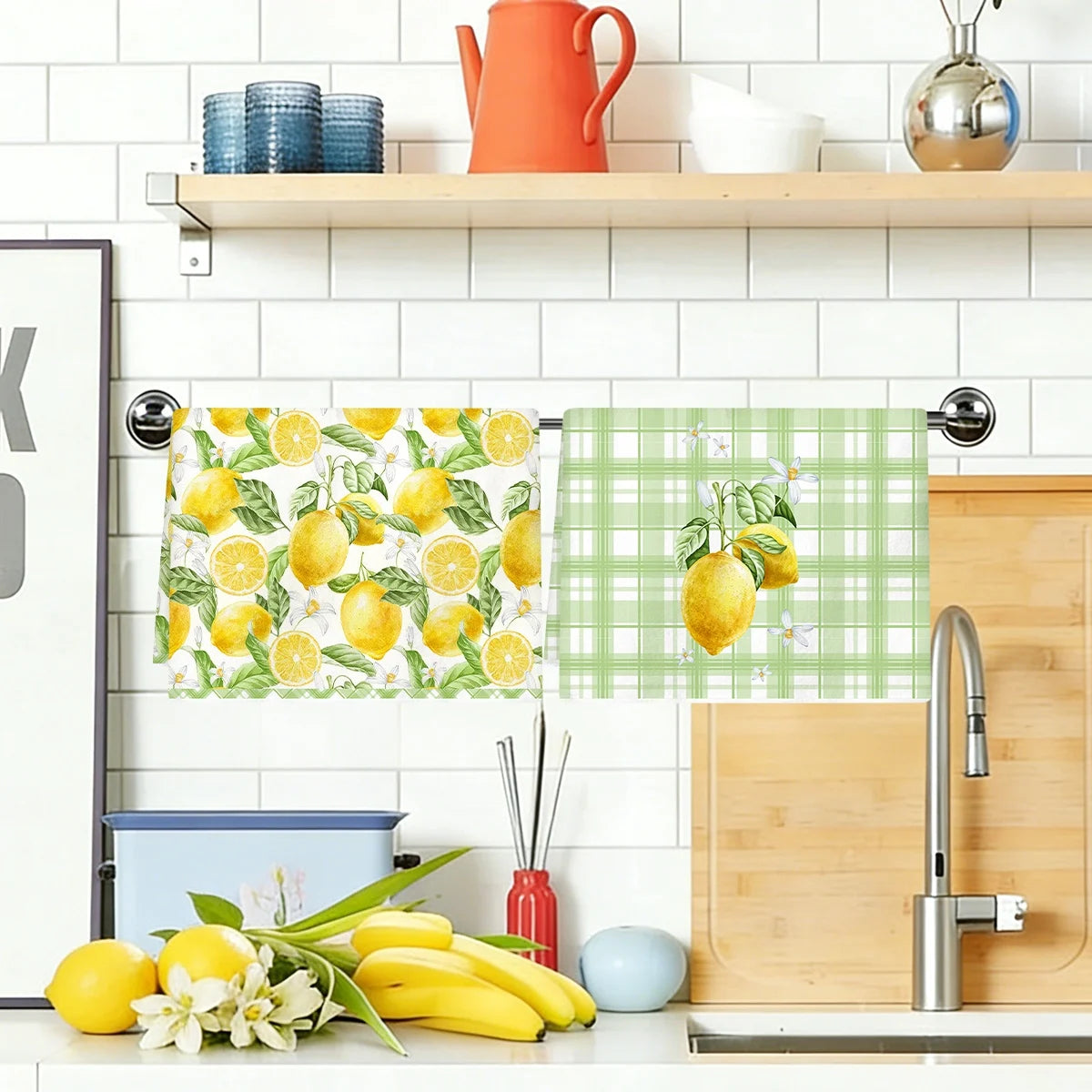 2pcs Italy Lemon Hand Towels Lemon Themed Dish Towels Polyester Bathroom Decorative Rustic Cloths Tea Towels for Kitchen