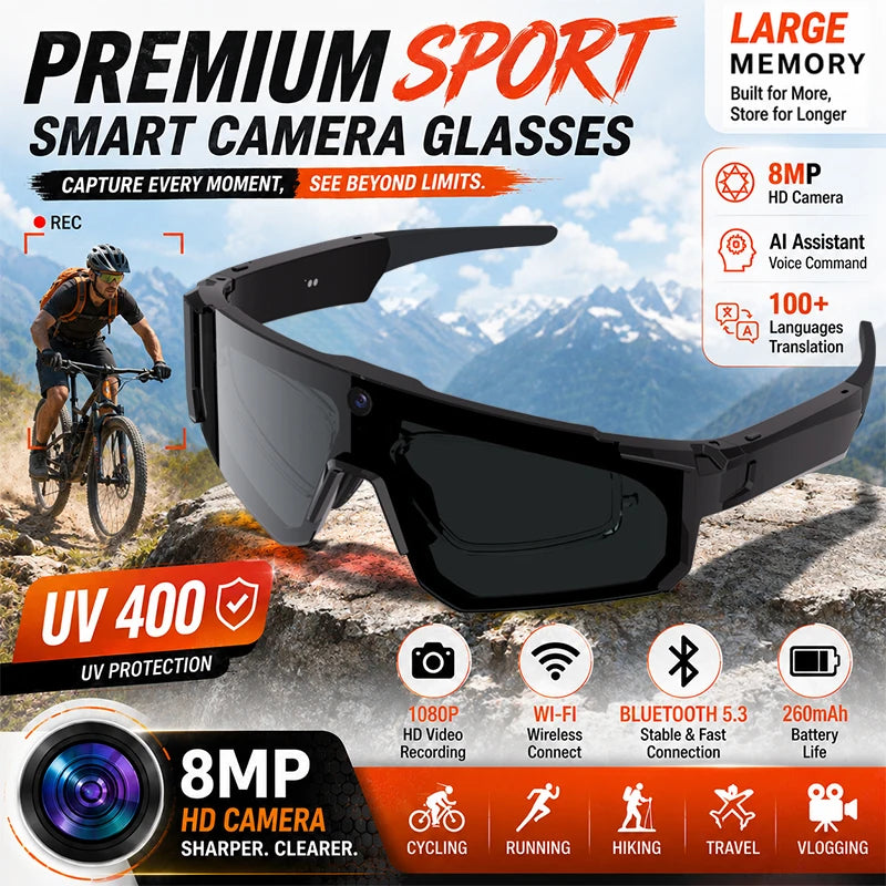 2026 AI Sports Smart Glasses ChatGPT 1200P Camera 4K Anti-shake Video Cycling Riding Sunglasses Translation Dual Mic Sunglasses