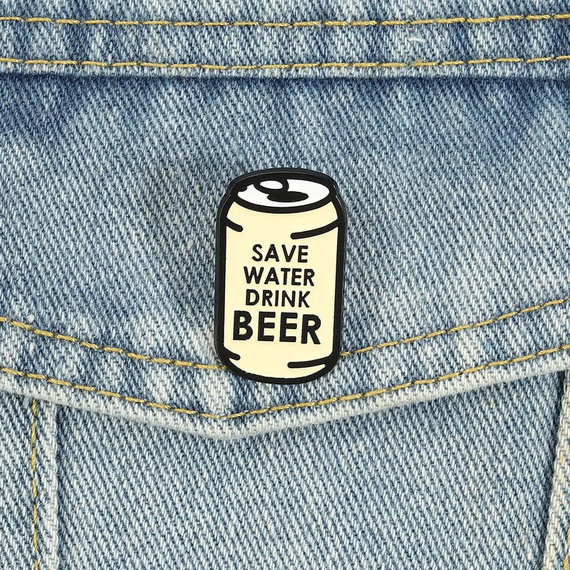 Humor Cartoon Can Enamel Pins Save Water Drink Beer Metal Brooches Fashion Lapel Badge Backpack Clothes Jewelry Gift for Friends