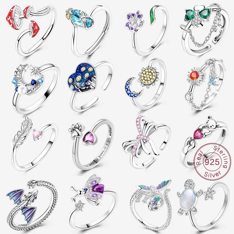 925 Silver Open Ring Sunflower Bee Star Eternal Love Jewelry Women's Wedding Gift