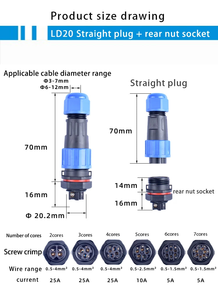 IP68 Waterproof Male Female Electrical Connector LD Series2/3/4/5/6/7/9-Pin Panel-Mount Screw Wire Cable Aviation Plug Connector