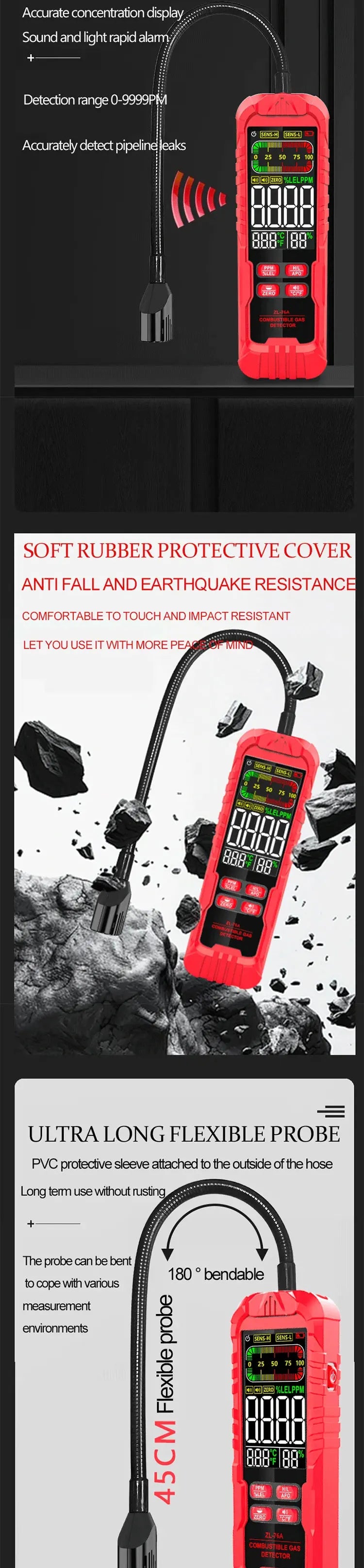 ZLLJMETER Handheld Gas Leak Detector Methane Combustible Gas Testers Portable Gases Concentration Analyzer Meter Leakage Tools
