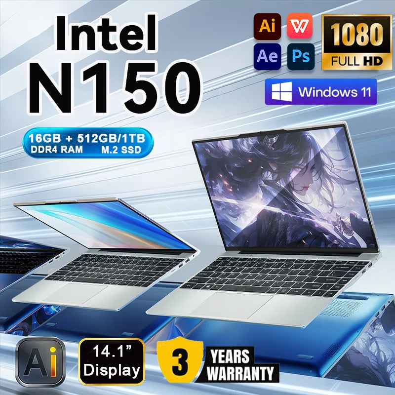 Intel N150 14.1" Gaming Laptop Windows 11 16GB RAM 1/2TB M.2 SSD Laptops 4K HD Desktop Office School Study Notebook Computer PC