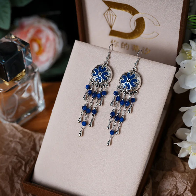 Vintage Ethnic Style Metal Tassel Water Drop Earrings for Women Round Drop Glaze Crystal Beads Handmade Earring Female Jewelry