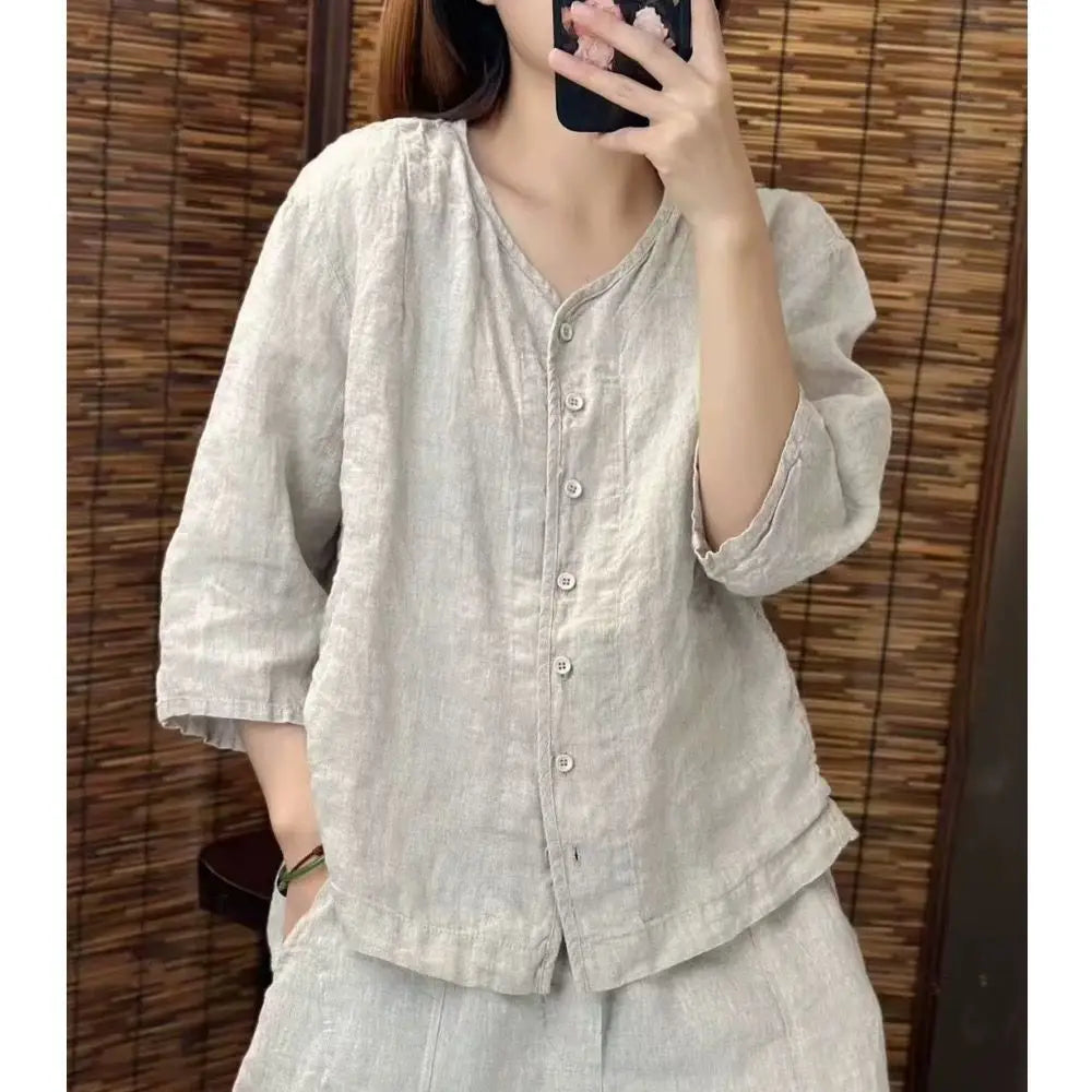 Women's Shirt 2025 Spring Summer Cotton and Linen Round Neck Retro Ladies Blouse Solid Age Reduction Lady Cardigan T-shirt