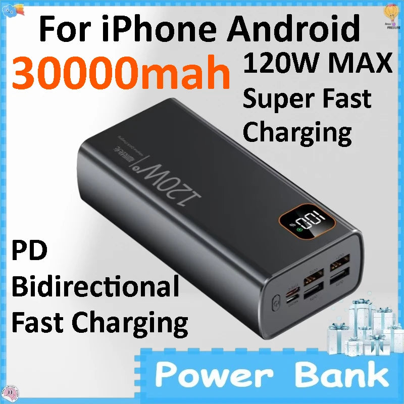 120W PD Digital Display Power Bank 30000mAh Large Capacity Portable External Battery For IPhone Android