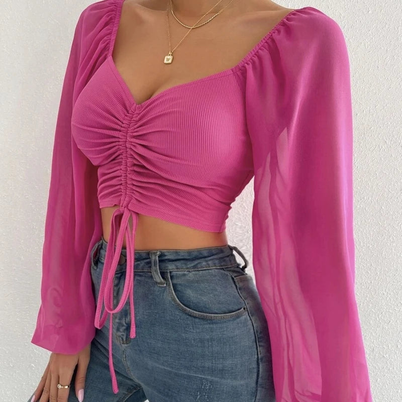 Woman Chiffon Knit Tshirts Long Puff Sleeve Sexy Close-Fitting T-shirt Spring Autumn V-neck New Fashion Solid Simple Tops Tees