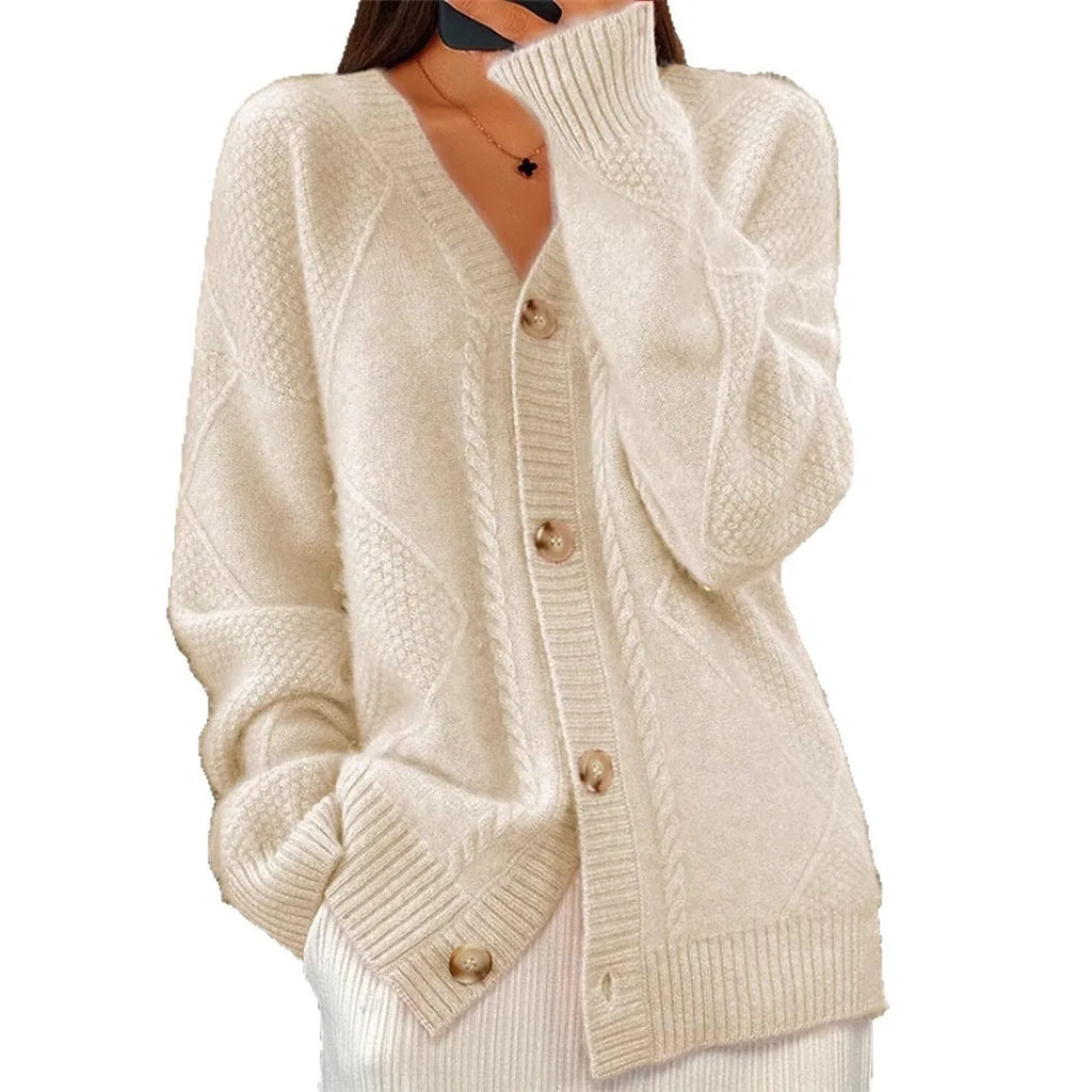Women V Neck Cable Knit Cardigan Fuzzy Soft Long Sleeve Button Down Loose Casual Fall Winter Pocket Sweater Coat