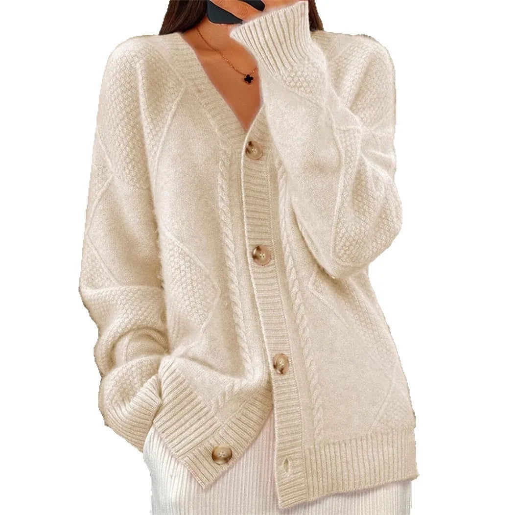 Women V Neck Cable Knit Cardigan Fuzzy Soft Long Sleeve Button Down Loose Casual Fall Winter Pocket Sweater Coat