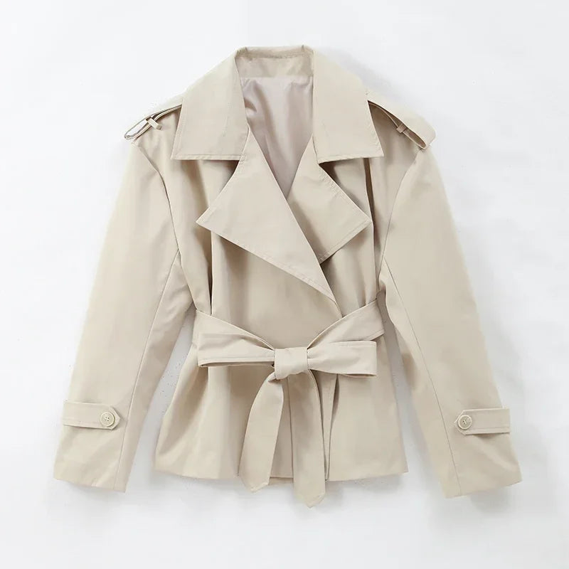 Solid Belted Waist Short Trench Coat Women Chic Wide Lapel Epaulet Detail Loose Long Sleeve Coats Fall Daily Commuter Outerwear