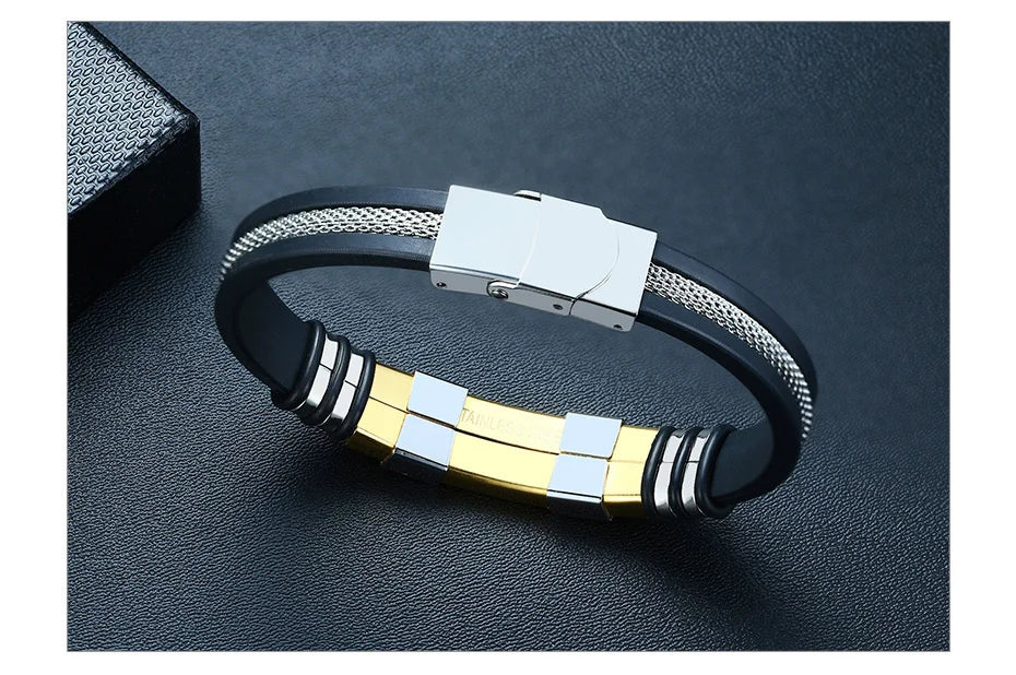 Vnox Stainless Steel Bracelet Men Wrist Band Black Grooved Rudder Silicone Mesh Link Insert Punk Wristband Stylish Casual Bangle