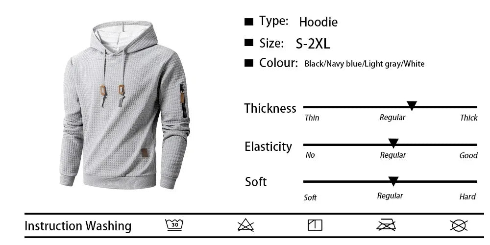 Men's Waffle Pattern Hoodie Autumn/Winter Casual Solid Pullover Warm Sweatshirt Loose Outdoor Sports Hoodie Tops Men's Clothing