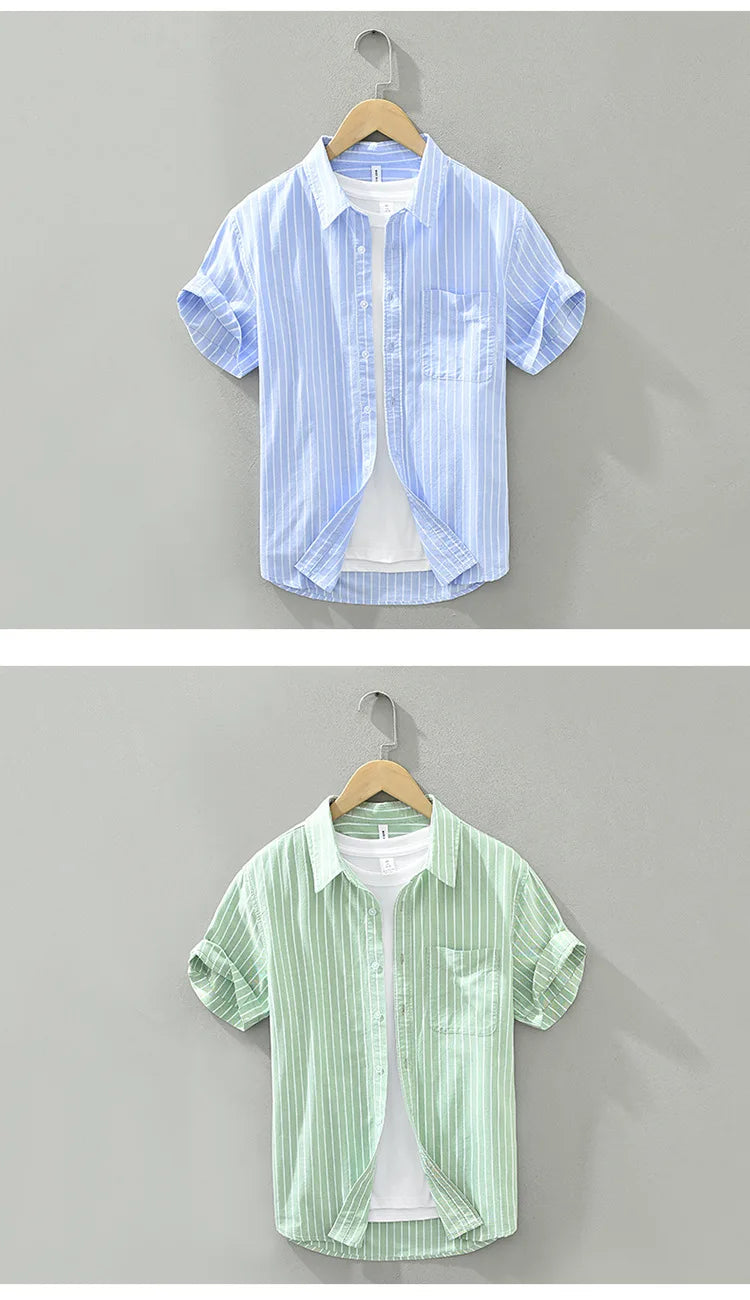 Green Striped Short Sleeve Shirts for Men Casual Turn-down Collar Tops Man Summer New Fashion Button Up Shirt Clothing