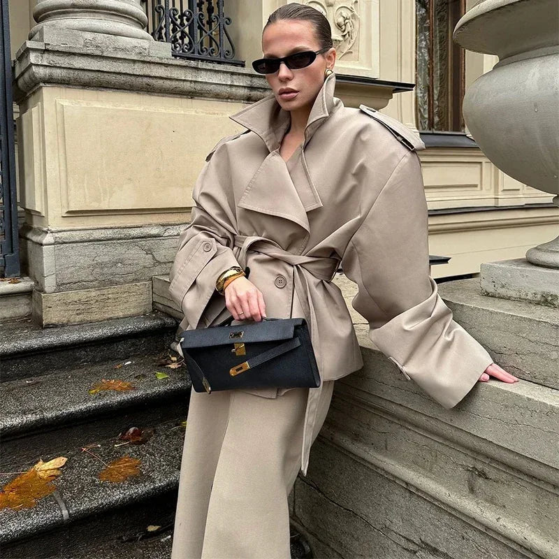 Solid Belted Waist Short Trench Coat Women Chic Wide Lapel Epaulet Detail Loose Long Sleeve Coats Fall Daily Commuter Outerwear