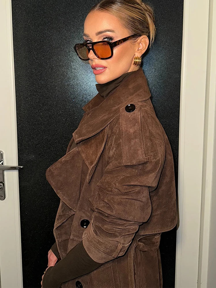 Women's Vintage Brown Suede Trench Coat Long Belted Overcoat Retro Windbreaker Fashion Female Date Commuter Streetwear Outerwear