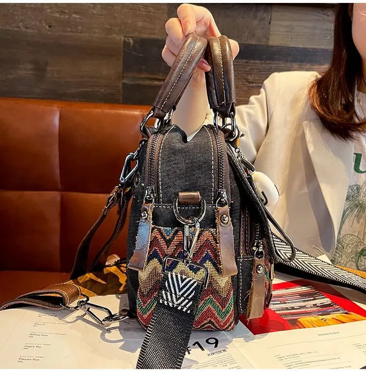 Denim Small Backpack  New Contrast Color Women Bag Retro Ethnic Style Embroidered Multifunctional Bagpack Crossbody Bolsa